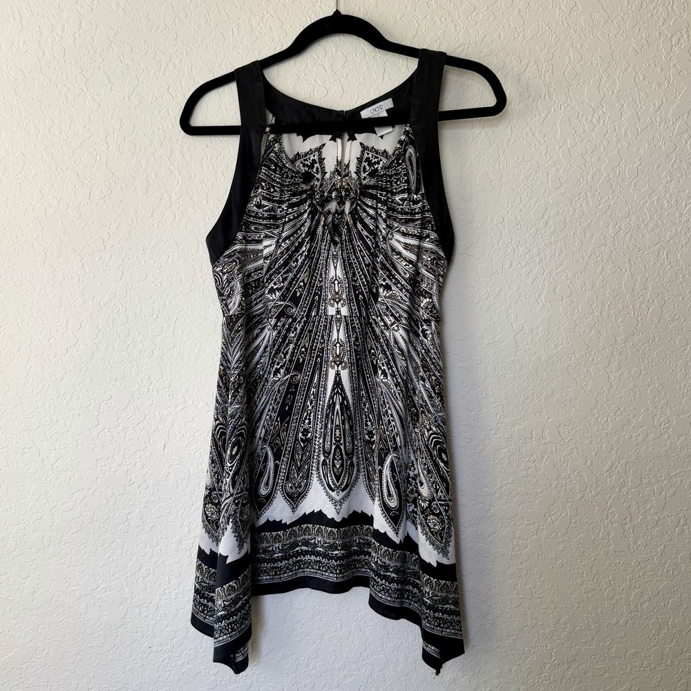 Vtg Cache Y2K Tank Top Silk Medium Paisley Boho Going Out Shark Bite Asymmetric